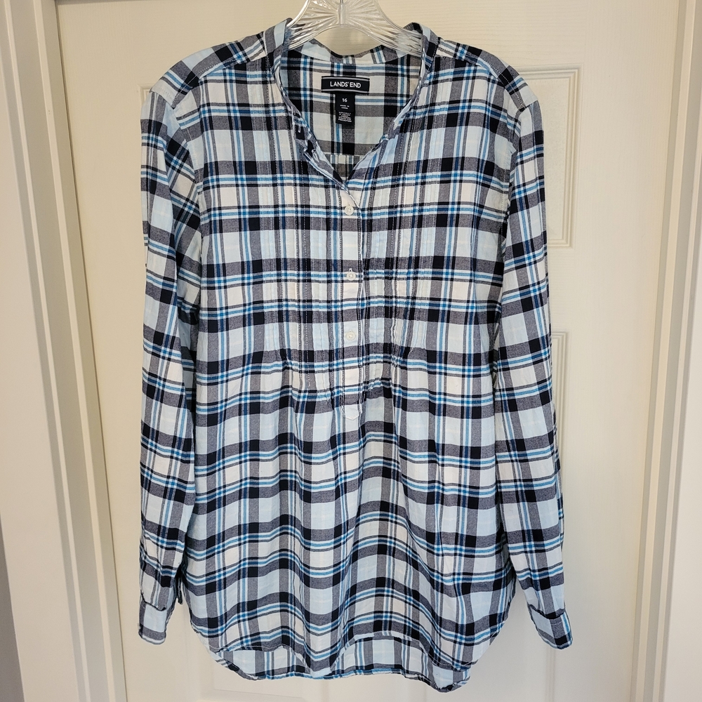 Lands' End Blue and Black Plaid Blouse